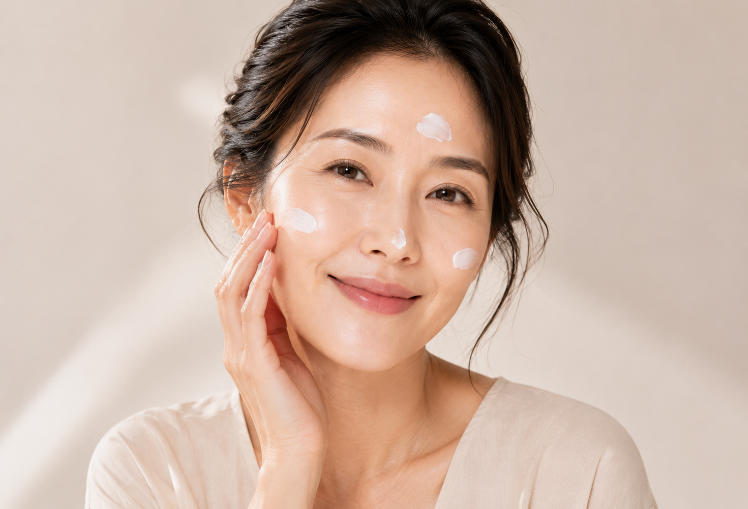 Người phụ nữ với lớp kem dưỡng nhẹ trên mặt